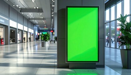 Vertical green screen digital billboard in a modern shopping mall corridor with shops and people.