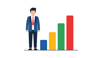 Businessman Standing Next to a Bar Chart Illustrating Business Growth, Success, and Financial Progress