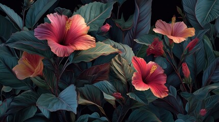 Lush floral scene displays vibrant hibiscus blooms in shades of red, pink, and orange, surrounded by dark green foliage on a black backdrop