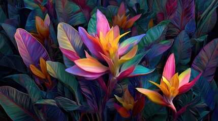 Vibrant tropical blossoms in shades of pink, yellow, orange, and purple, emerging from lush, dark green foliage, creating a colorful display