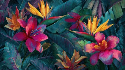 A vibrant, colorful painting depicts tropical flowers, including birds of paradise and bright red blossoms, amid lush, dark green foliage