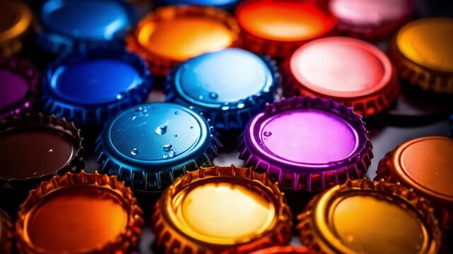 Close up of colorful bottle caps in a patterned arrangement