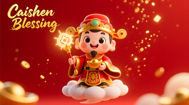 Cute 3D God of Wealth Caishen chibi version holding a "Ru Yi" scepter on a red background.