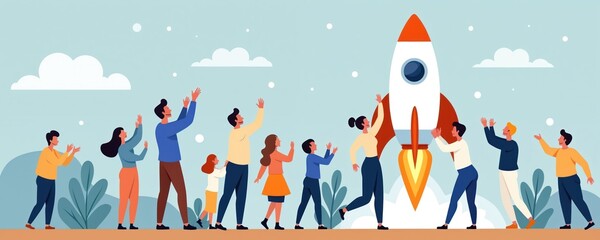 Naklejka premium Team celebrates rocket launch. People cheer new business venture. Excited employees watch startup lift off towards sky. Success and growth concept.