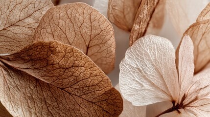 Detailed view of dried flower petals, displaying intricate veins and delicate texture in soft, muted brown and beige tones