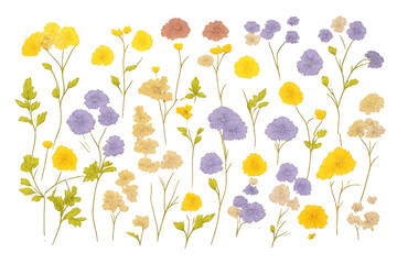 Naklejka premium Set of assorted delicate wildflowers blooming in vibrant colors, useful for design elements, nature, and garden concepts