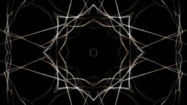 Minimalist Line Art Kaleidoscope Animation. Self-drawing thin lines forming an elegant Islamic pattern on a black background.