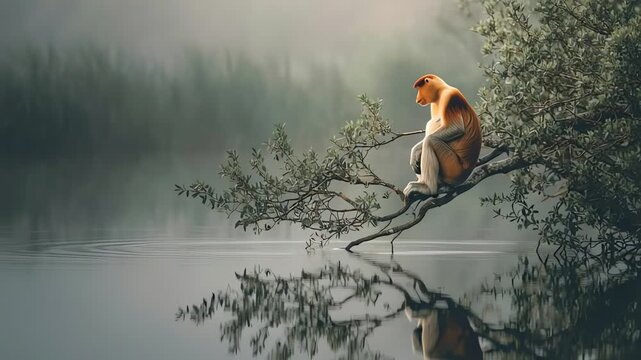 Proboscis monkey resting on tree branch above water reflection