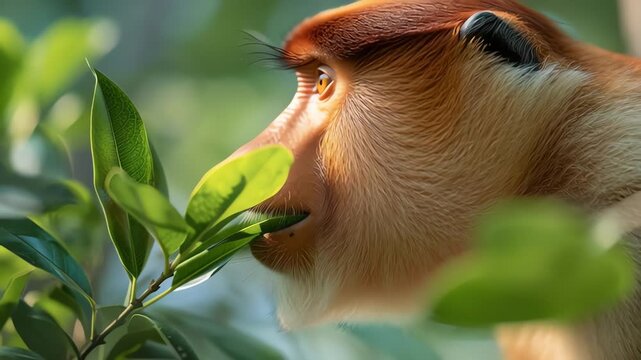 Wild male proboscis monkey foraging eating green leaves