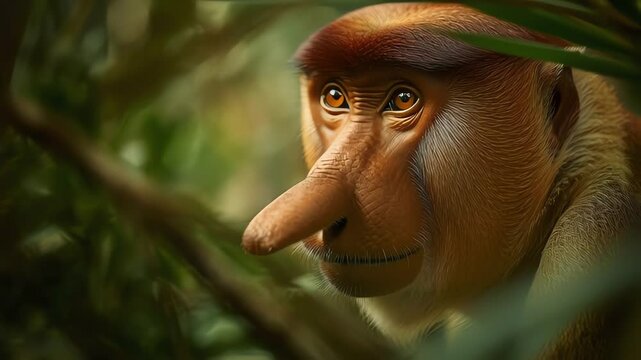 Proboscis monkey looking directly at camera from deep jungle cover