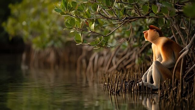 Solitary proboscis monkey sitting in mangrove habitat golden hour