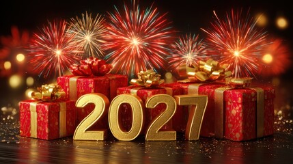 New Year's Eve with red gift boxes, fireworks and the golden number 2027
