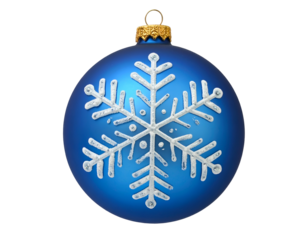 A shiny blue Christmas ornament with a white snowflake design