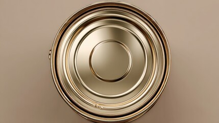 High-angle, close-up view of a gold-colored metal can or paint tin.  The lid is open, showing a smooth, reflective surface