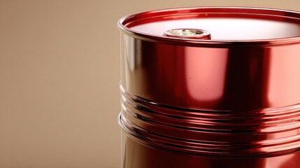 Close-up of a red metal barrel, likely for oil or chemicals.  Its smooth, shiny surface reflects light