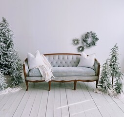 christmas trees and white sofa in a living room