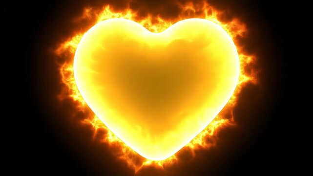 A heart on fire with flames burning around it on a black background