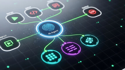 A I Agent flowchart with glowing nodes and connecting lines on dark grid artificial intelligence