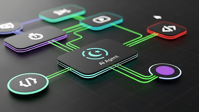 A I Agent network diagram with glowing lines and icons artificial intelligence - Powered by Adobe