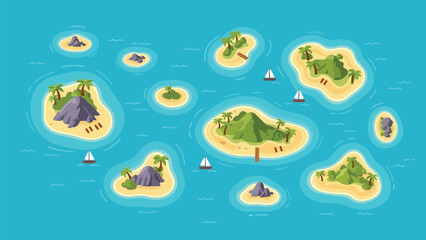 Vibrant tropical archipelago scene with numerous idyllic islands, verdant palm trees, rugged rock formations, and serene sailboats dotting the