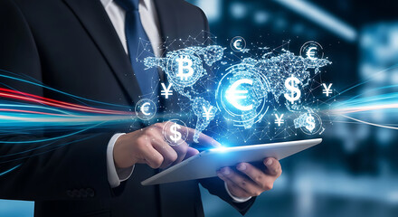 Businessman touching tablet displaying global finance network with currency symbols technology