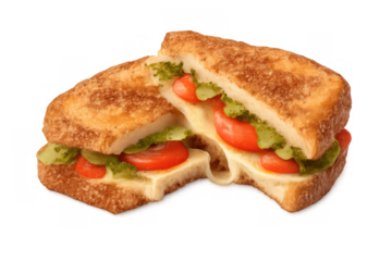 Grilled caprese sandwich cut in half, mozzarella cheese stretching, fresh tomato and pesto filling, transparent background
