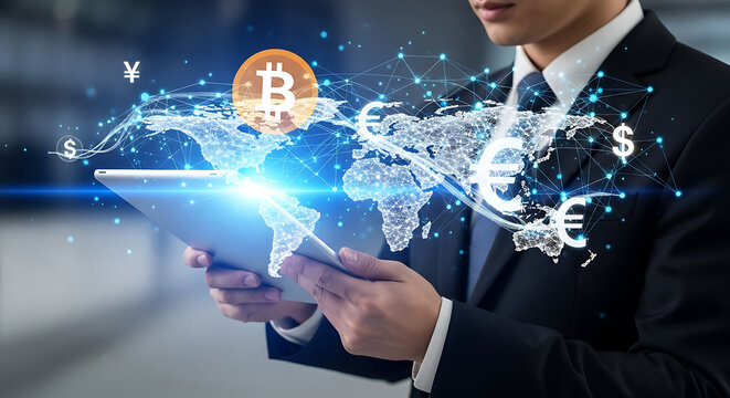 Businessman holding tablet with global financial network and cryptocurrency symbols technology - Powered by Adobe