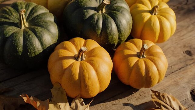 Autumn Harvest: Variety of Pumpkins on Wooden Tabletop for Fall Season Celebration