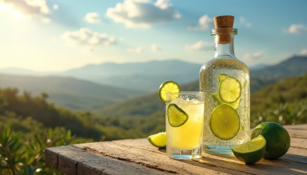 Glass of refreshing tequila margarita with lime slices and ice sits on wooden table near bottle. Hazy mountain landscape background under blue sky with clouds.