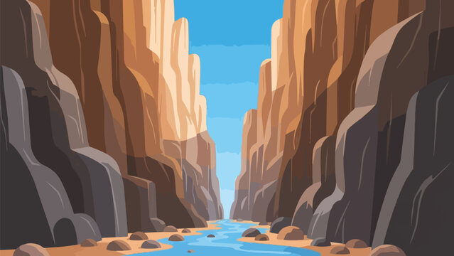 A striking vector illustration of a grand desert canyon with towering rock formations and a tranquil river flowing below under a clear blue sky