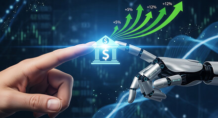 Human finger and robot hand touch bank icon with rising green arrows image
