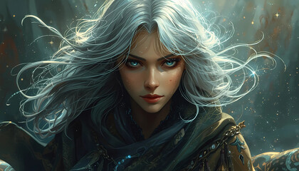 Enchanting woman with flowing silver hair and piercing blue eyes