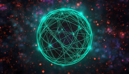 Glowing neon green sphere with intersecting lines in space