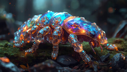 Stunning iridescent beetle in forest with glowing jewels
