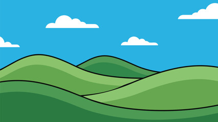 Obraz premium A cheerful minimalist vector illustration of serene rolling green hills against a crisp blue sky