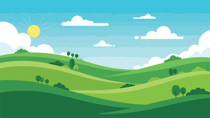 Obraz premium A cheerful, expansive animated landscape featuring layered emerald green hills, a serene blue sky, fluffy white clouds, and a bright yellow sun a