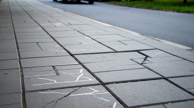 Close up of cracked pavement with road and car in the background