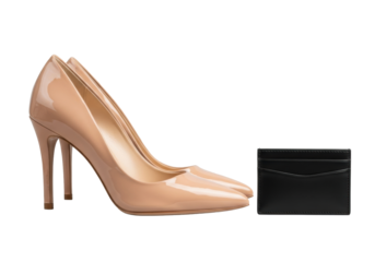 Elegant nude patent leather stiletto high heels and a sleek black leather card holder, neatly arranged on a seamless transparent background with high-key lighting, luxury product display concept
