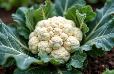Healthy white cauliflower head grows in dark organic soil surrounded by large green leaves. Ready for harvest from garden farm bed. Natural fresh vegetable.