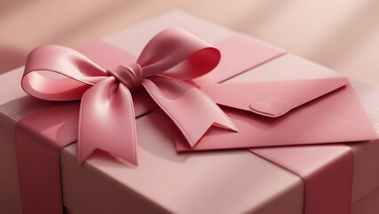 Beautiful pink gift box with elegant ribbon and heart shaped envelope