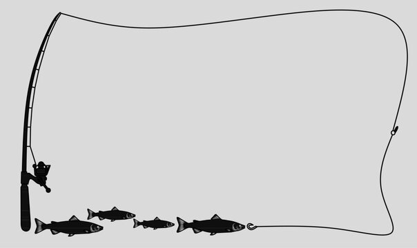fishing rod or fishing pole and line forming a rectangular frame with fish silhouette and copy space.for fishing, sport, hobby, and outdoor,text,concepts or design.
