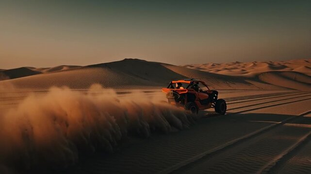 Off-road dune buggy racing across desert sand dunes at sunset, cinematic wide-angle landscape view in 4K