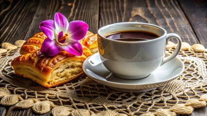 Aromatic Coffee with Delicate Pastry and Orchid Blossom on Rustic Wooden Table