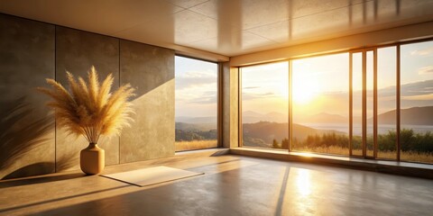 Serene Minimalist Room with Panoramic Sunset View and Pampas Grass