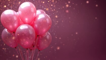 Pink balloons float against dark background with sparkling lights. Festive atmosphere for parties, celebrations, or special events like birthdays, valentines, or holidays. Magical and joyful scene.