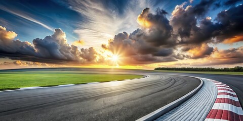 Dramatic Sunset over a Race Track Curve with Grassy Landscape