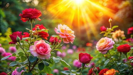 Radiant Sunset Illuminates a Vibrant Rose Garden, Displaying a Spectrum of Blossoms in Full Bloom