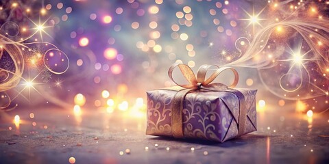 A magically appearing gift box with a gold ribbon, surrounded by sparkling lights and enchanting golden swirls of light.