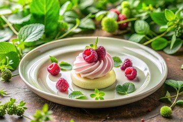 Delicate Raspberry and Meringue Dessert on a Pale Green Plate, Garnished with Fresh Mint Leaves