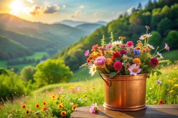 Vibrant Wildflower Bouquet in Copper Pot at Sunset, Idyllic Meadow Landscape